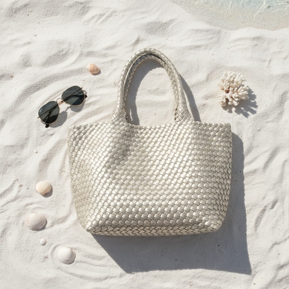 BC BAGS | NWT | Woven Faux Leather Tote | Neutral Beige Oversized Shoulder Bag - Picture 2 of 3